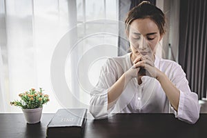 Woman hands praying for blessing from god. Praying hands with faith in religion and belief in God on blessing background