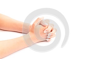 Woman hands praying on white background