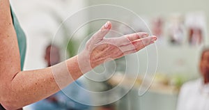 Woman, hands and presentation with team for meeting, staff training or coaching at office. Closeup of female person