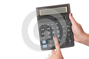Woman hands with red nails holding calculator isolated on white