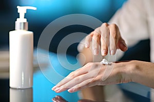 Woman hands rubbing moisturizer cream in the night