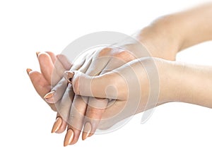 Woman hands rubbing on white backgroud