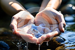 Woman hands scooping fresh and clear water, water conservation concept. generative ai