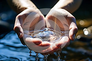 Woman hands scooping fresh and clear water, water conservation concept. generative ai