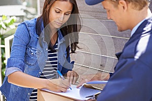 Woman, hands and signature for package, delivery and shipping order with paperwork and parcel. Cardboard box, sign and