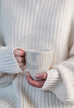 Woman hands in sweater holding cup of coffee or tea