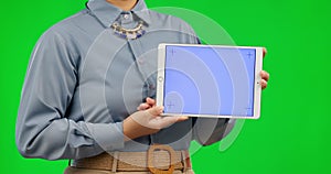 Woman hands, tablet and green screen with mockup, tracking markers and business advertising or presentation