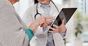 Woman, hands and talking with doctor or tablet at clinic for online app with information. Consultation, patient and