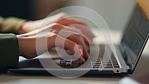 Woman hands texting laptop keyboard closeup. Unknown busy businesswoman emailing photo