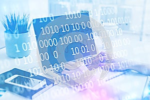 Woman hands typing, code lines double exposure
