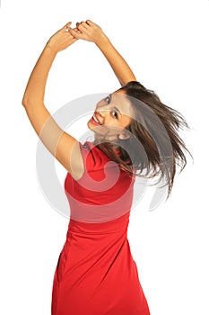 Woman hands up, flying hair