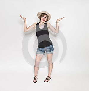 Woman with hands up isolated on white background