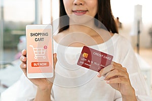 Woman hands using mobile phone for ordering fashion items on online application and pay by credit card. E commerce business