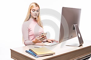 Woman hands using smart phone. business woman hands busy using cell phone at office desk