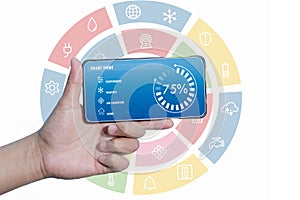 hands using smart phone for mobile phone with smart home app i