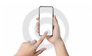 woman hands using smartphone with blank screen, isolated on white background. Closeup hand holding mobile phone white screen is