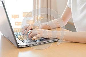 Woman hands using social network with laptop, Social media and connection communication