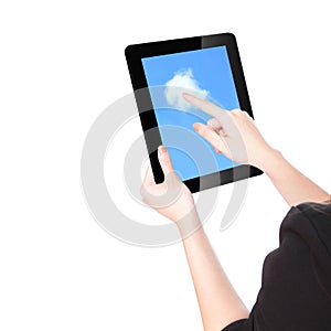 Woman hands using tablet pc and finger touch cloud