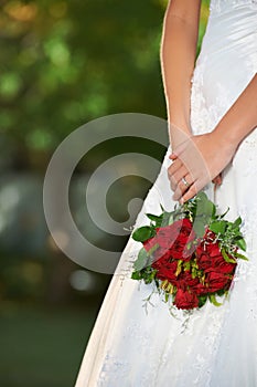 Woman, hands and wedding rose bouquet with love, commitment and trust ceremony for marriage. Engagement, celebration and