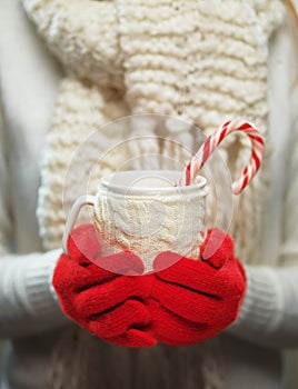 Woman hands in woolen red gloves holding cozy mug with hot cocoa, tea or coffee and candy cane. Winter and Christmas time concept.