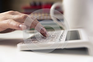 Woman hands working on calculator. Finances, economy, budgetand