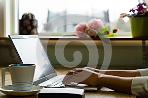 Woman Hands Working On Laptop att home. photo