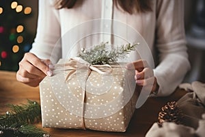 Woman hands wrapping gift box in present paper. Decorating home, preparing for Christmas holidays. Sustainable, eco