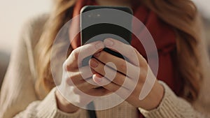 Woman hands writing message by phone outdoors. Unknown girl typing smartphone