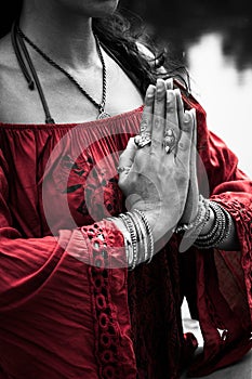 Woman hands in yoga symbolic gesture mudra