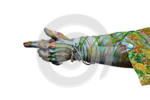 Woman hands in yoga symbolic gesture mudra wearing lot of bracelets and rings double exposure