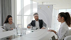 Woman handshake in modern office on interview, conversation on job with secretary and boss in boardroom, female