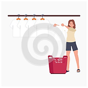 woman hanging wet clothes out to dry. drying clothes after washing. Flat vector cartoon illustration