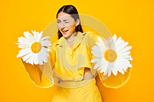 woman happiness smile model yellow flower trend pretty chamomile young portrait