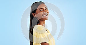 Woman, happy and beauty portrait for student with confidence, gen z aesthetic and blue background. Indian person, face