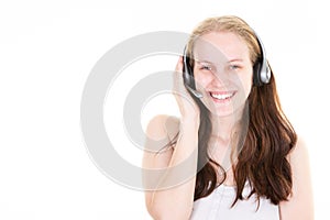 Woman happy call center girl smiling Tele marketer looking at camera  on white background copyspace