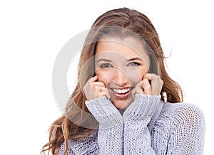 Woman, happy and cosmetics in studio portrait, smiling and confidence for winter fashion on white background. Female