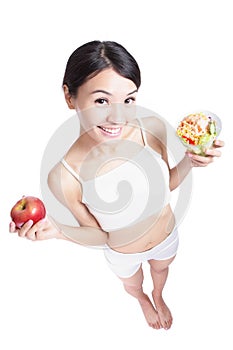 Woman happy eat salad full length