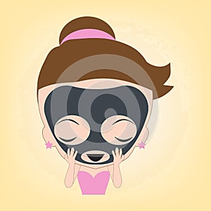 Woman happy with facial black mask beauty on face for spa healthy, illustration vector in flat design