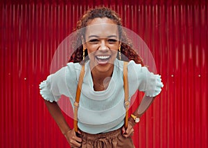Woman, happy and freedom fashion, smile and outdoor fun on the weekend alone. Portrait of a young female laugh