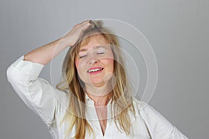 Woman happy gesture by closed eyes portrait