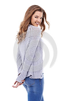 Woman, happy and positive attitude in studio portrait, wellness and pride for casual outfit on white background. Female