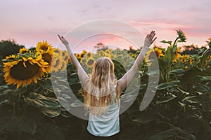 Woman happy raised hands in sunflowers field