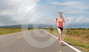 Woman happy running in the asphalt road movement