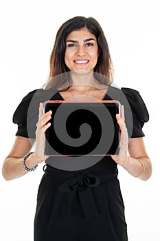 Woman happy smiling showing blank mock up black tablet computer empty screen on white background