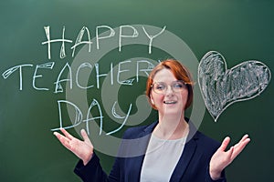 A woman is happy to congratulate a happy teacher`s day