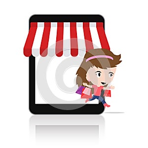 Woman happy to do shopping via tablet Mobile e-commerce on-line store concept