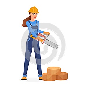 Woman in hard hat holding electric saw for woodwork, female carpenter working with wood