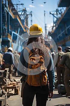 Woman with hard hat standing in front of a ship in ship repair factory. Group of workers on background