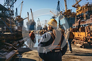 Woman with hard hat standing in front of a ship in ship repair factory. Group of workers on background