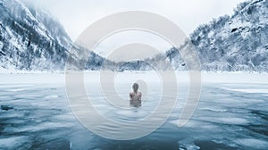a woman hardens herself in a winter frozen lake in a mountain nature